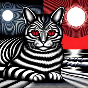 GATO LUA E SOL NA PRAIA ESTILO OPTICAL ART BY AI