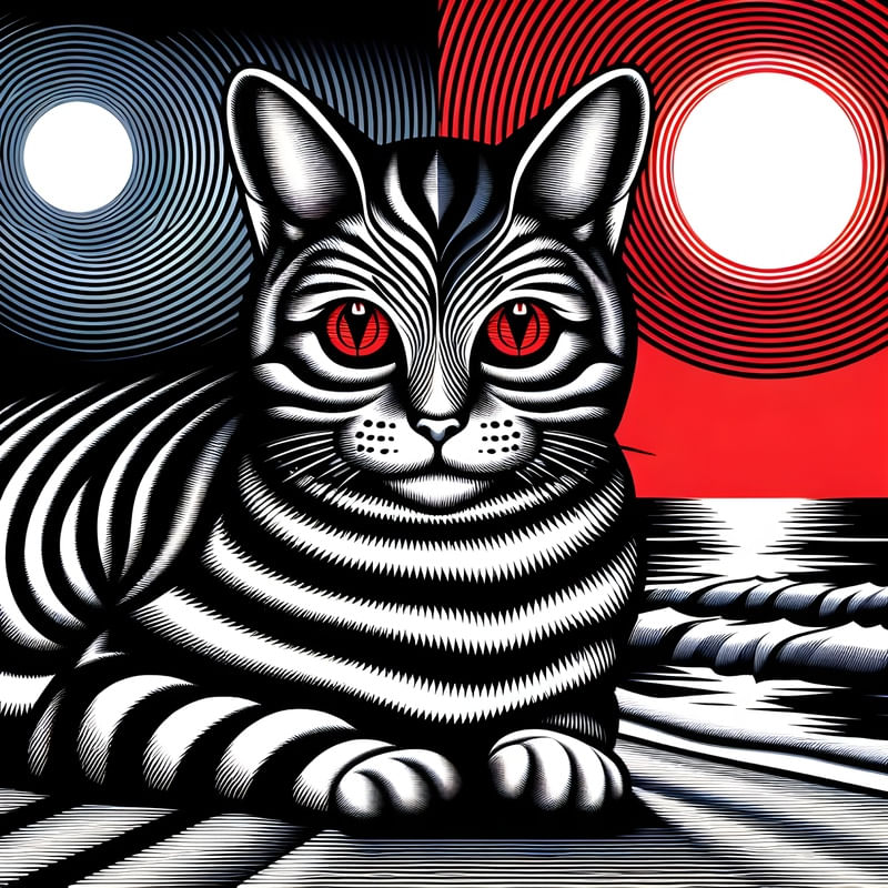 GATO LUA E SOL NA PRAIA ESTILO OPTICAL ART BY AI