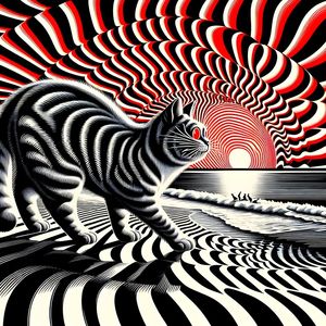 GATO NA PRAIA ESTILO OPTICAL ART TEATRO VETORES BY AI