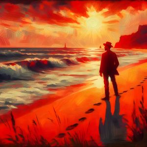 HOMEM NA PRAIA AO PÔR DO SOL ESTILO IMPRESSIONISTA BY AI