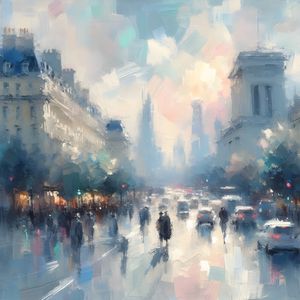 CITY LANDSCAPE PAINTING IN SHADES OF BLUE BY AI