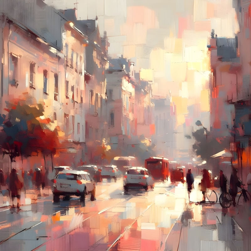 CITY LANDSCAPE PAINTING IN SHADES OF RED BY AI