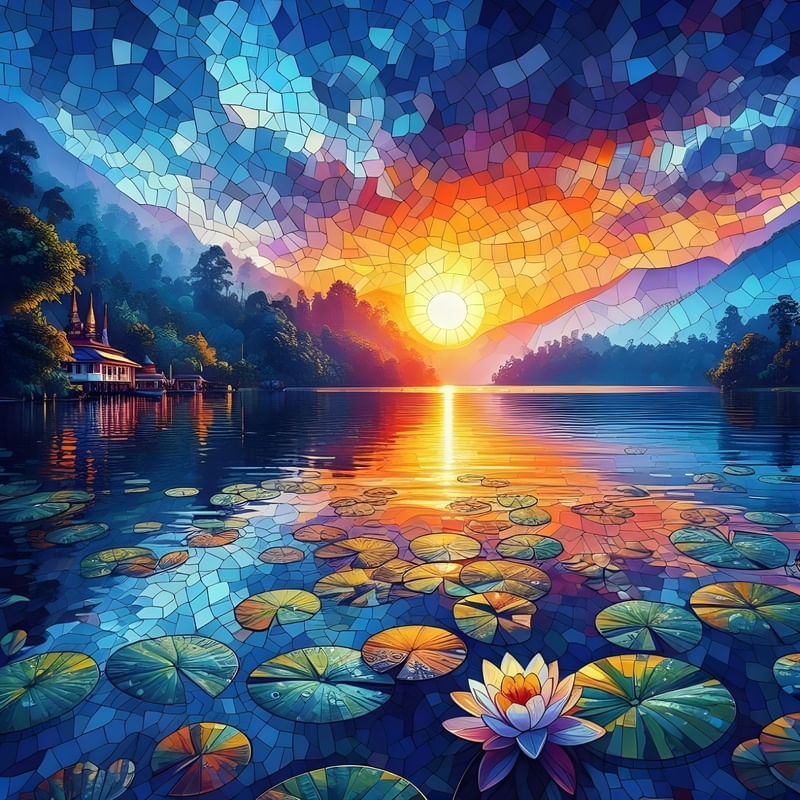 MOSAIC SUNSET AT BLUE LAKE BY AI