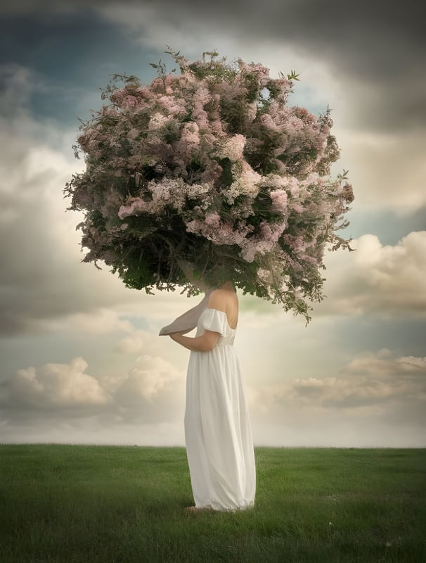 A WOMAN TRANSFORMING INTO A FLOWERING TREE BY AI