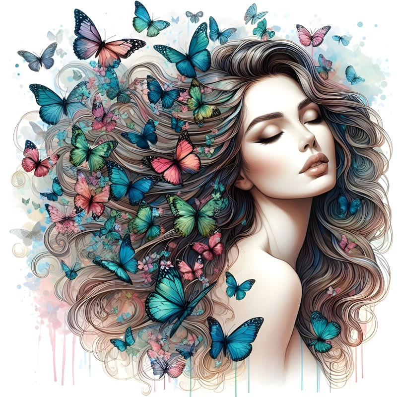 A BEAUTIFUL WOMAN WITH COLORFUL BUTTERFLIES ONE BY AI