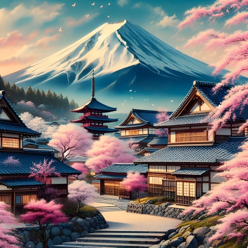 A PICTURESQUE JAPANESE LANDSCAPE DURING SPRINGTIME BY AI