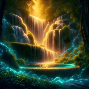 A SERENE WATERFALL CASCADING INTO A SHIMMERING POOL BY AI