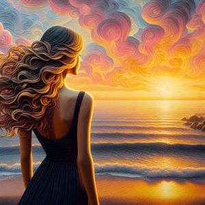 A WOMAN STANDING BY A SEASHORE DURING SUNSET TWO BY AI