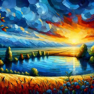 BLUE LAKE ARTWORK IN OIL PAINTING BY A FIELD DURING SUNSET ONE BY AI