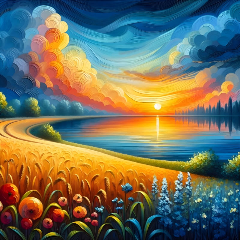 BLUE LAKE ARTWORK IN OIL PAINTING BY A FIELD DURING SUNSET THREE BY AI
