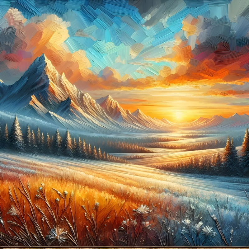FROZEN MOUNTAIN ARTWORK IN OIL PAINTING DURING SUNSET FOUR BY AI