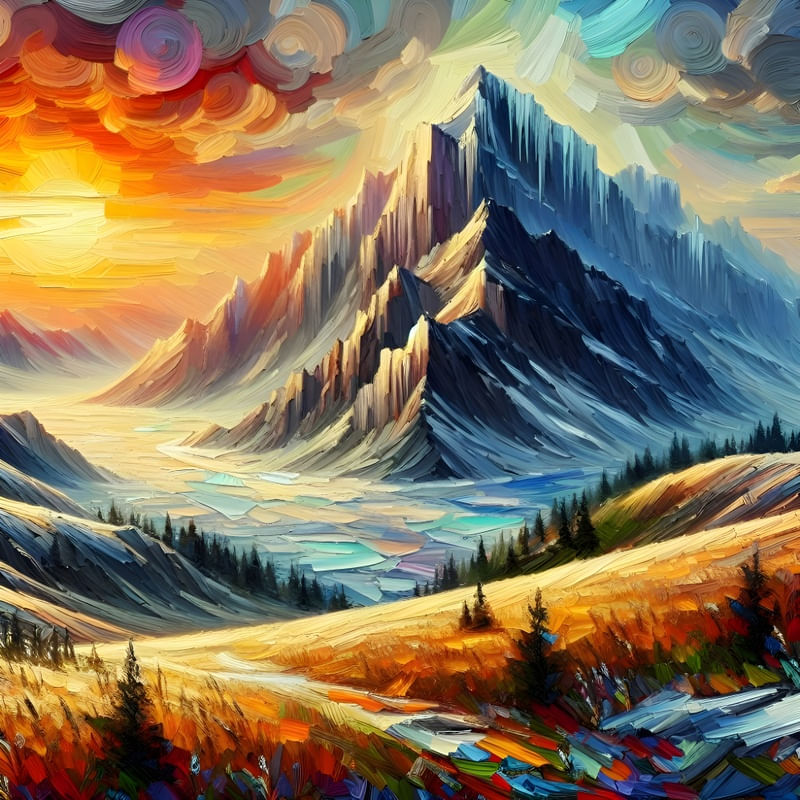 FROZEN MOUNTAIN ARTWORK IN OIL PAINTING DURING SUNSET THREE BY AI