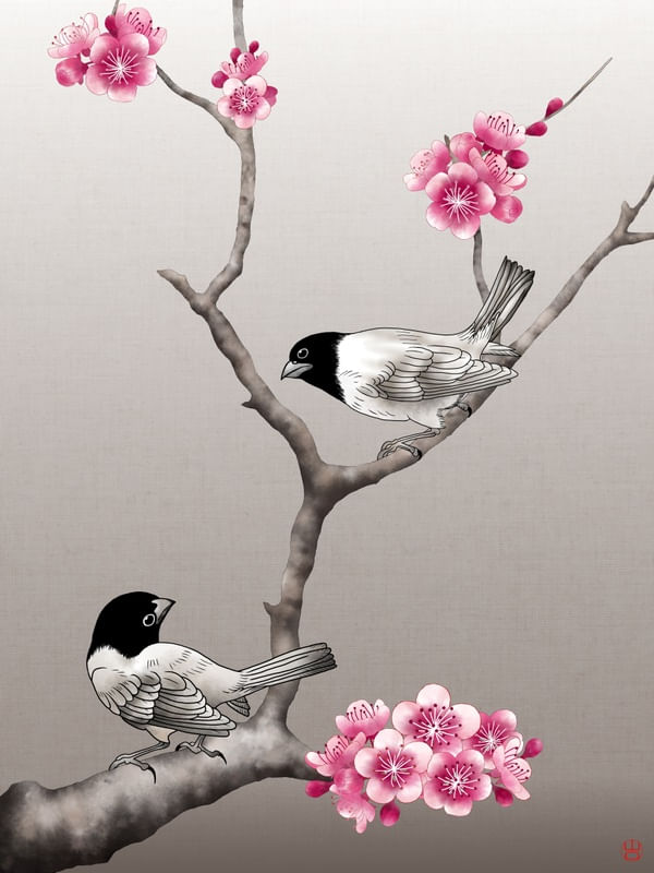 CASAL DE PÁSSAROS COM FLOR DE CEREJEIRA SAKURA