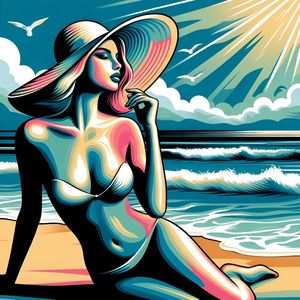 A WOMAN SUNBATHING ON THE BEACH IN PASTEL TONES ONE BY AI