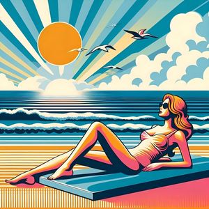 A WOMAN SUNBATHING ON THE BEACH IN PASTEL TONES THREE BY AI