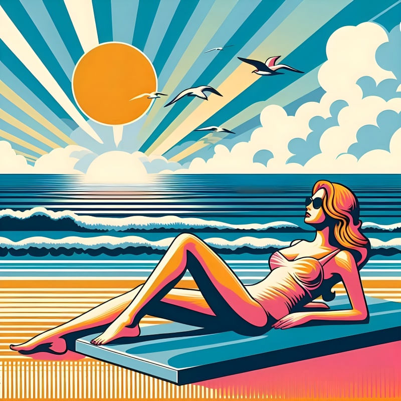 A WOMAN SUNBATHING ON THE BEACH IN PASTEL TONES THREE BY AI