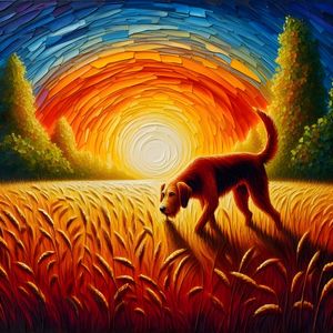 A DOG PLAYING IN A FIELD ARTWORK IN OIL PAINTING TWO BY AI