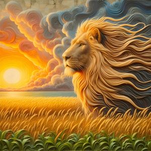 A LION IN A FIELD ARTWORK IN OIL PAINTING TWO BY AI