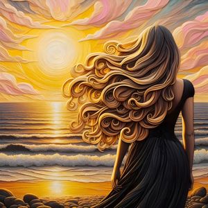 A WOMAN STANDING BY A SEASHORE DURING SUNSET SIX BY AI