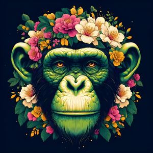CHIMPANZÉ FLORAL ARTE NEON BEGE VERDE BY AI