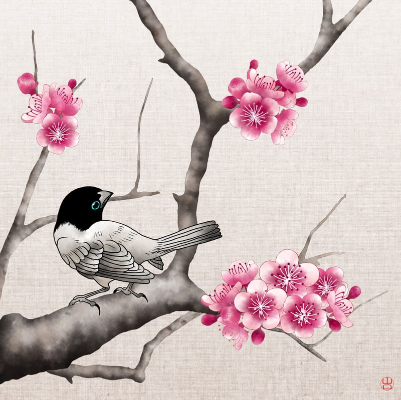 FLOR DE CEREJEIRA SAKURA PÁSSARO LADO ESQUERDO