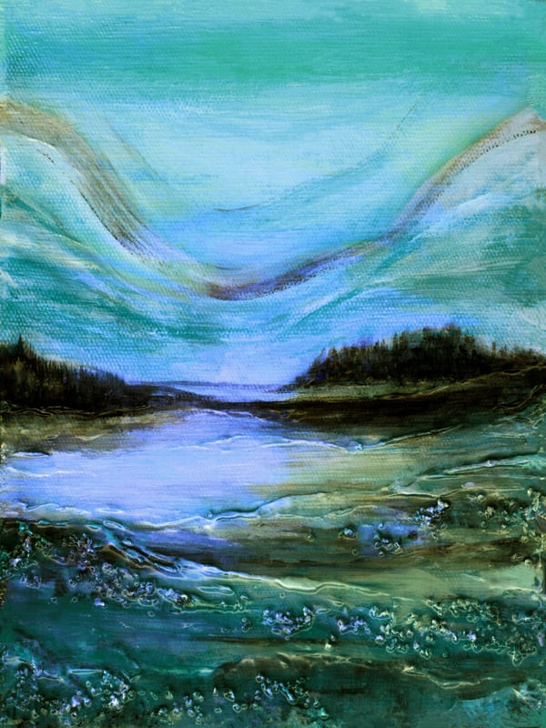 SUNSET GLOW COOL DUSK 1 RETRATO - LAGO NATUREZA PAISAGEM PINTURA