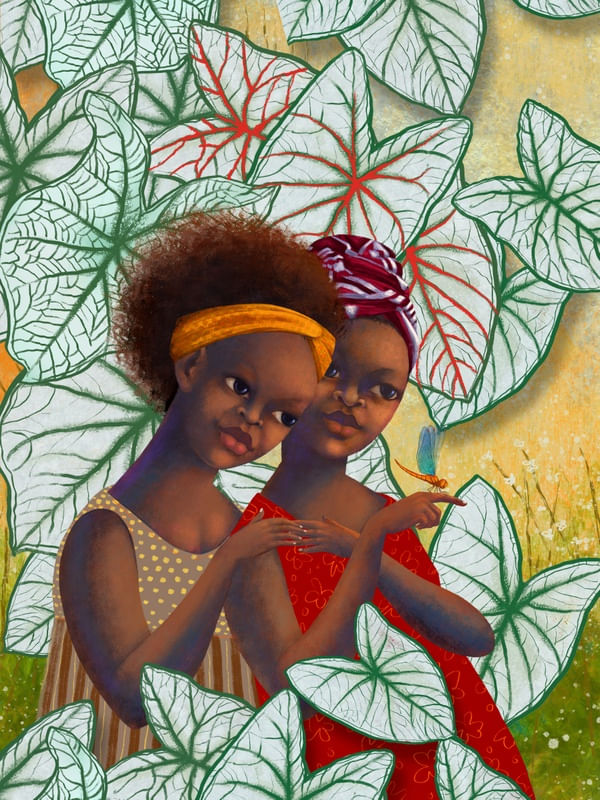 MENINAS PRETAS E LIBÉLULAS NO JARDIM DE TINHORÕES