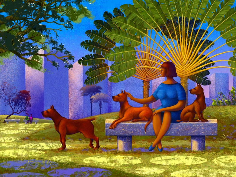 MULHER NA PRAÇA COM CACHORROS.