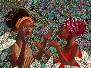 DUAS MENINAS PRETAS E LIBÉLULAS NO JARDIM I