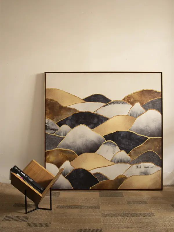 Quadro tela em canvas - MONTANHAS DE OURO - 120x120 - Moldura Canaleta Alta Friso Dourado