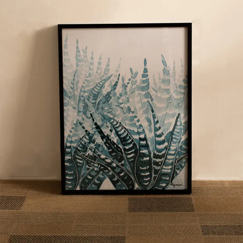 Quadro em papel fotográfico com vidro - FOLHAS AZUIS AQUARELA - 47,5x62,5 - Moldura Lisa Fina Preta