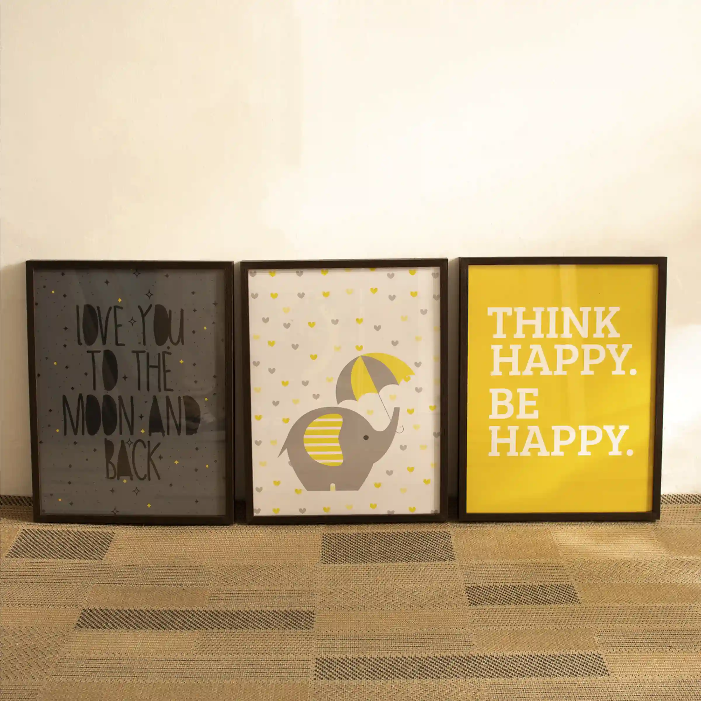 Quadros em papel fotográfico com vidro - ELEFANTE COM GUARDA CHUVA INFANTIL + LOVE MOON + THINK HAPPY - 36x47,5 - Moldura Lisa Fina Madeira Escura