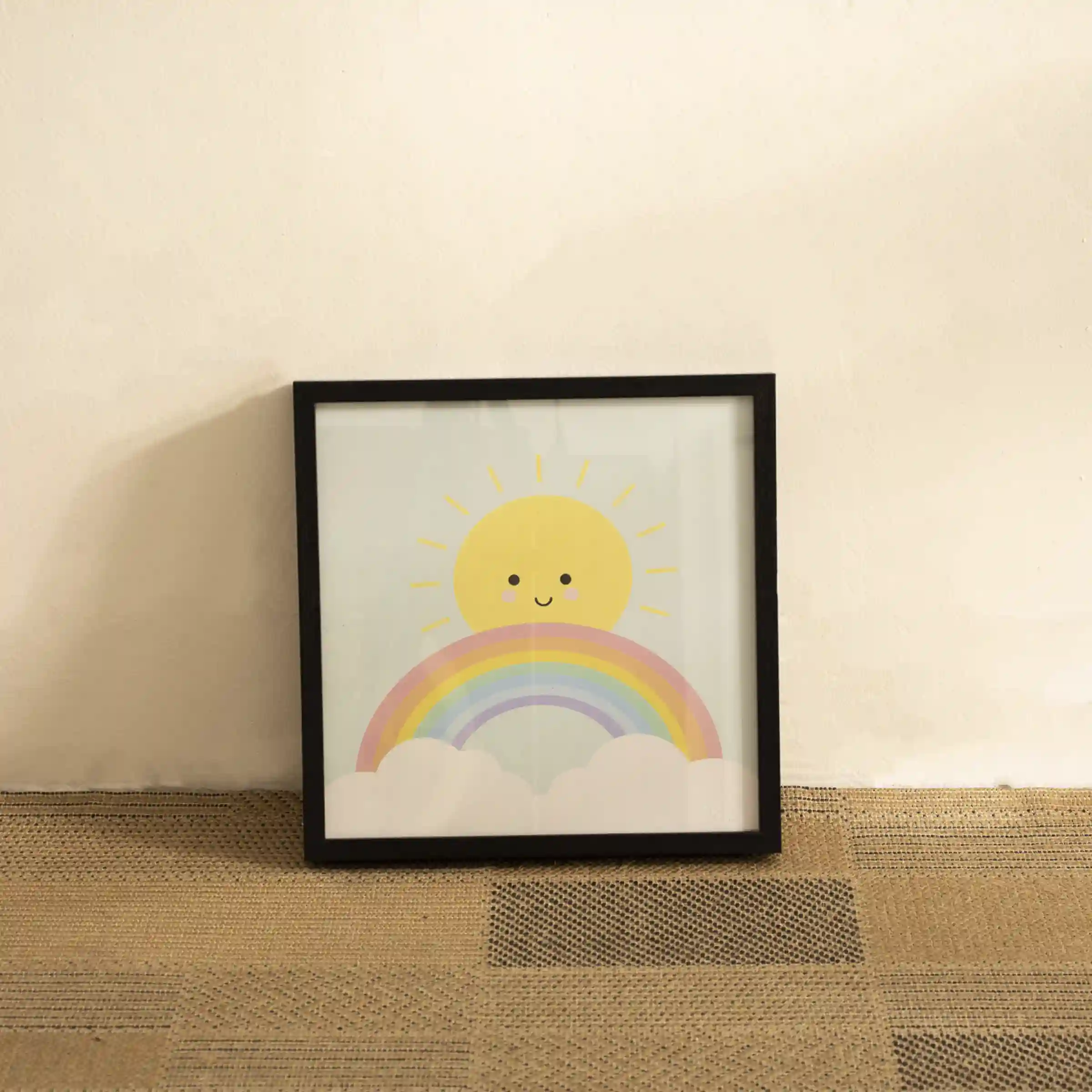 Quadro em papel fotográfico com vidro - DECOR INFANTIL SOL ARCO ÍRIS - 30x30 - Moldura Lisa Fina Preta