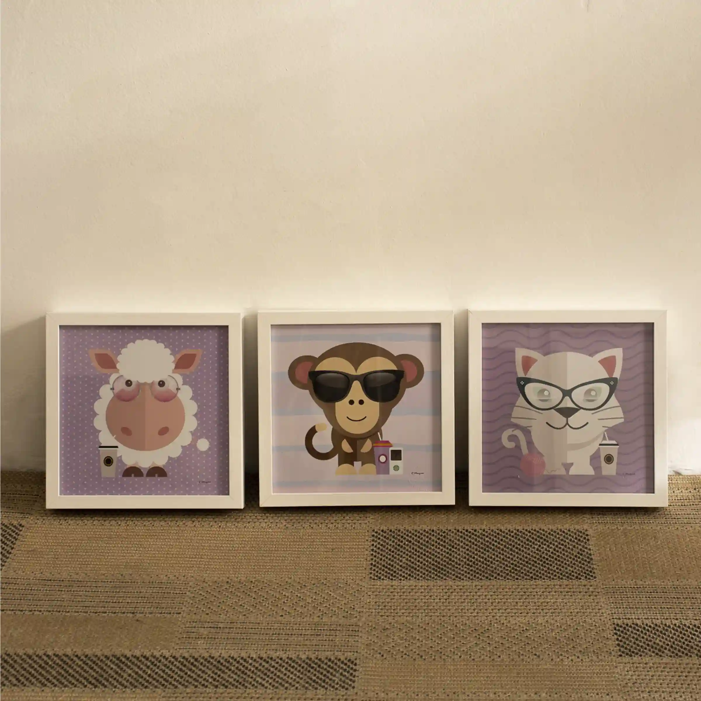 Quadros em papel fotográfico com vidro - HIPSTER ANIMAL COLLECTIONI - 20x20 - Mold. Lisa Fina Branca