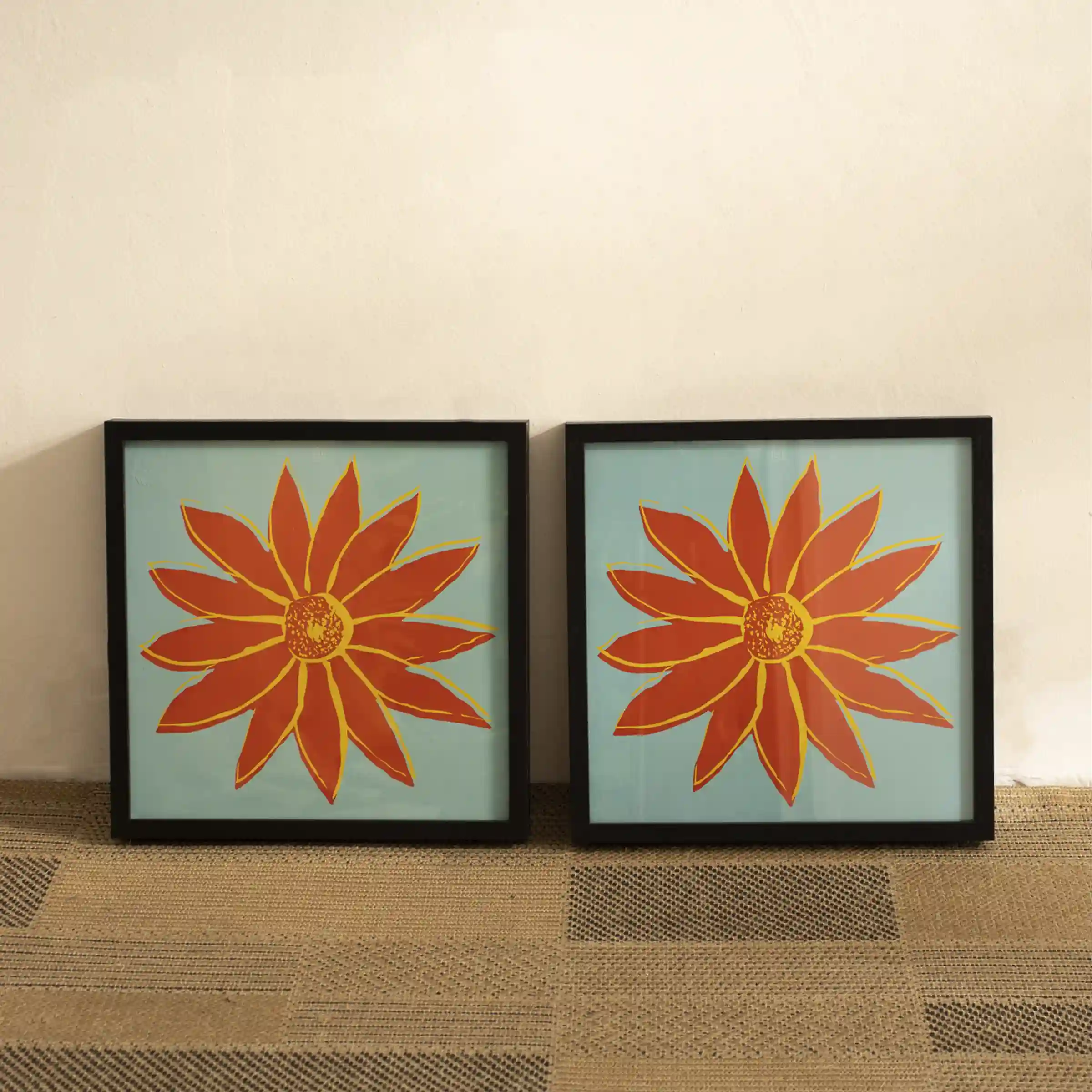 Quadros em papel fotográfico com vidro - FLORAL AZUL + FLORAL AZUL - 30x30 - Moldura Lisa Fina Preta