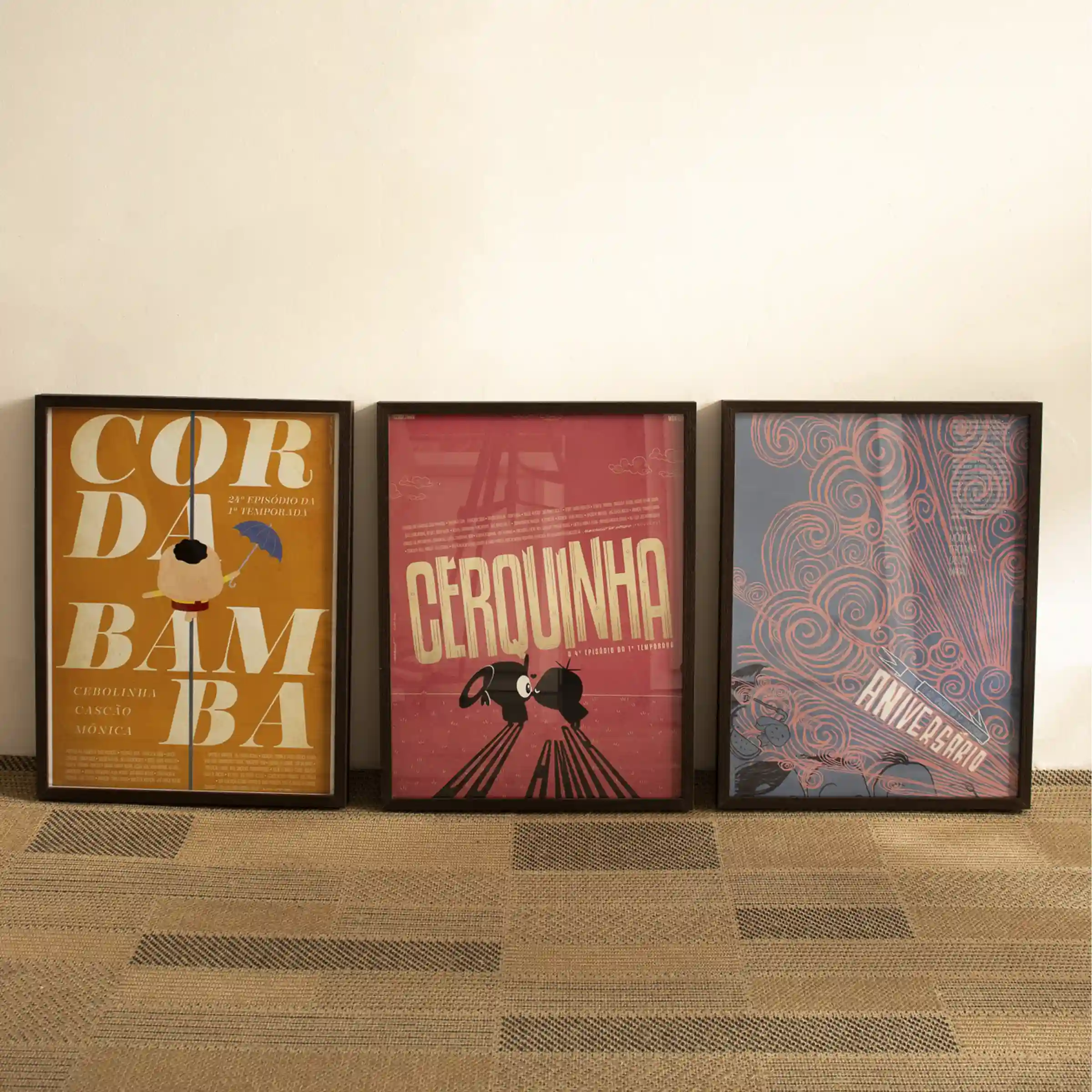 Quadros em papel fotográfico com vidro - CERQUINHA DO AMOR + ANIVERSÁRIO  + CORDA BAMBA - 36x47,5 - Moldura Lisa Fina Madeira Escura