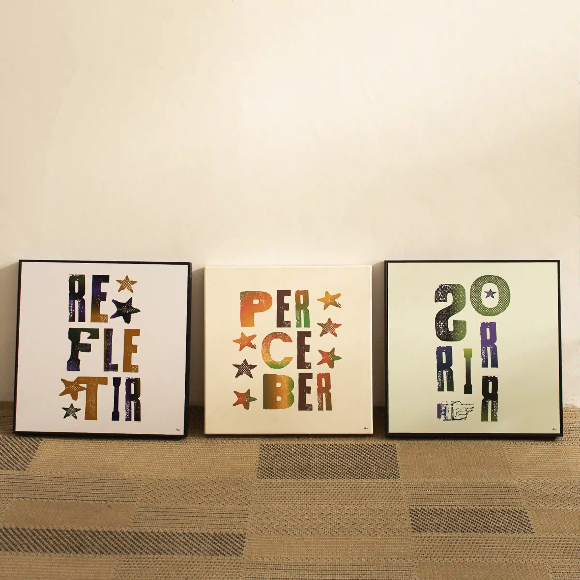 Quadros em acabamento liso sem vidro - ALEGRIA VERDE + PERCEBER + IMERSO NOS PENSAMENTOS - 30x30 - Moldura Filete Preta