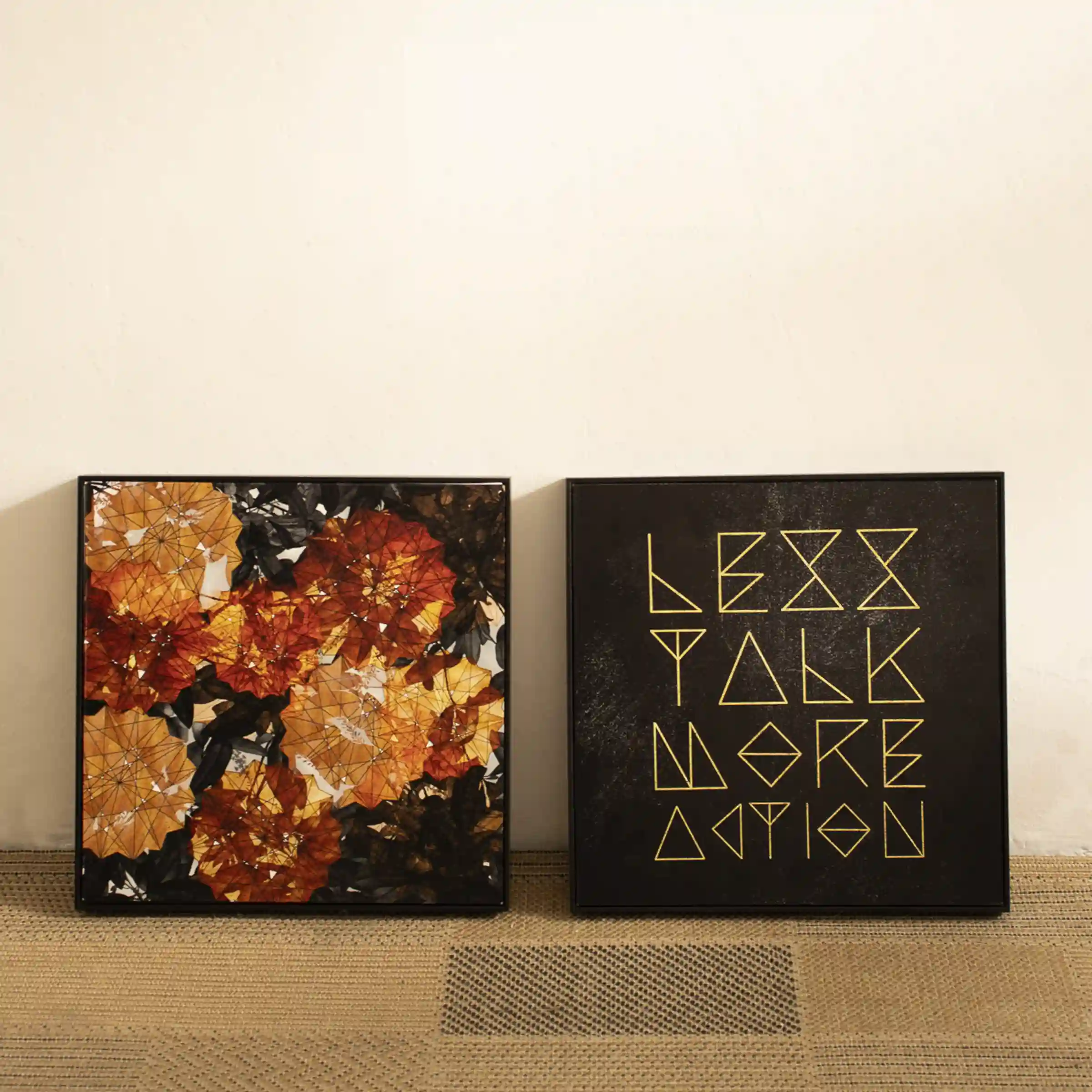 Quadros em acabamento liso sem vidro - FRASE POSITIVA INGLÊS + FOLHAS COM FORMAS LARANJA 02 - 30x30 - Moldura Filete Preta