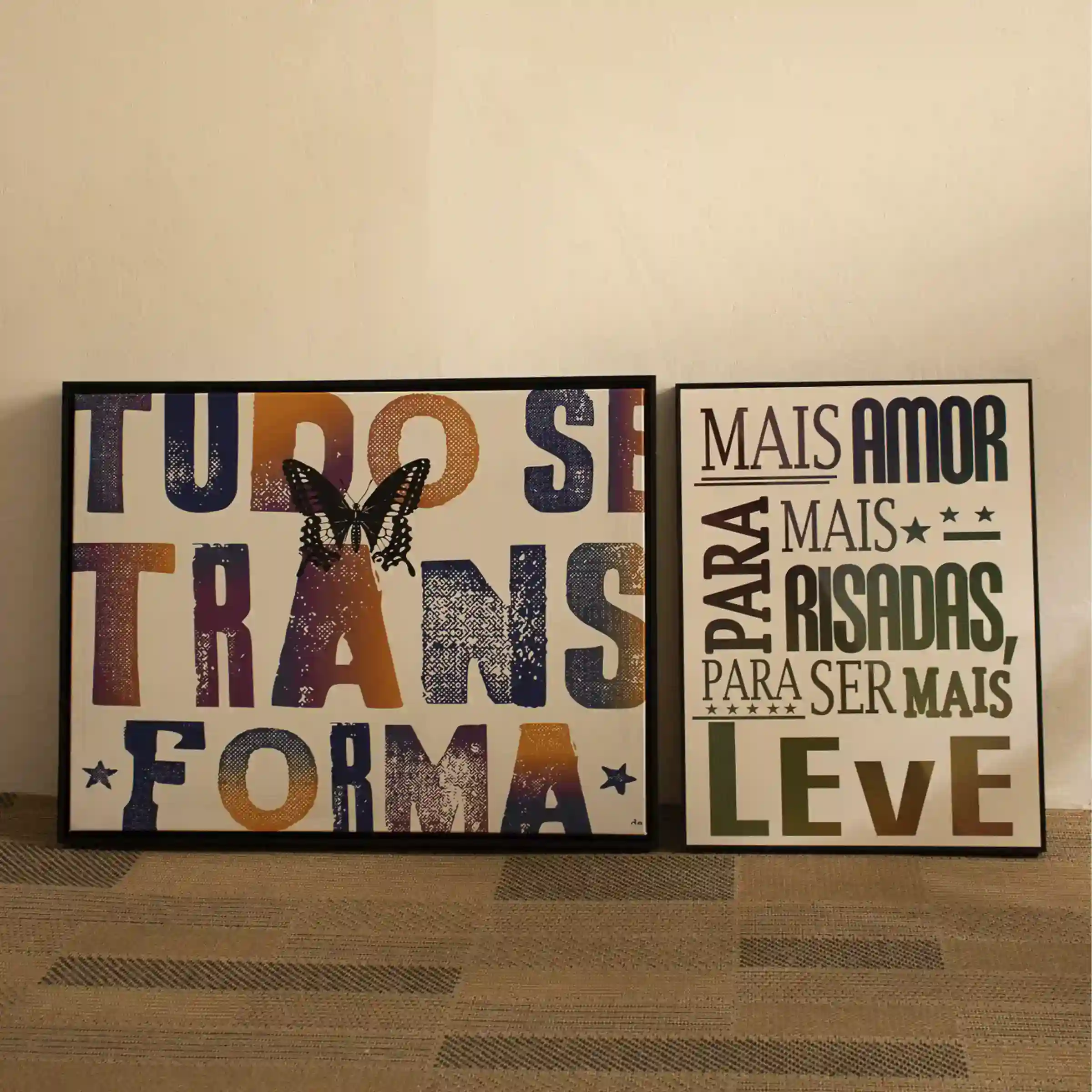 Quadros tela em canvas - TUDO MUDA + MAIS AMOR E MAIS RISADA - 62,5x47,5 - Moldura Canaleta Alta Preta