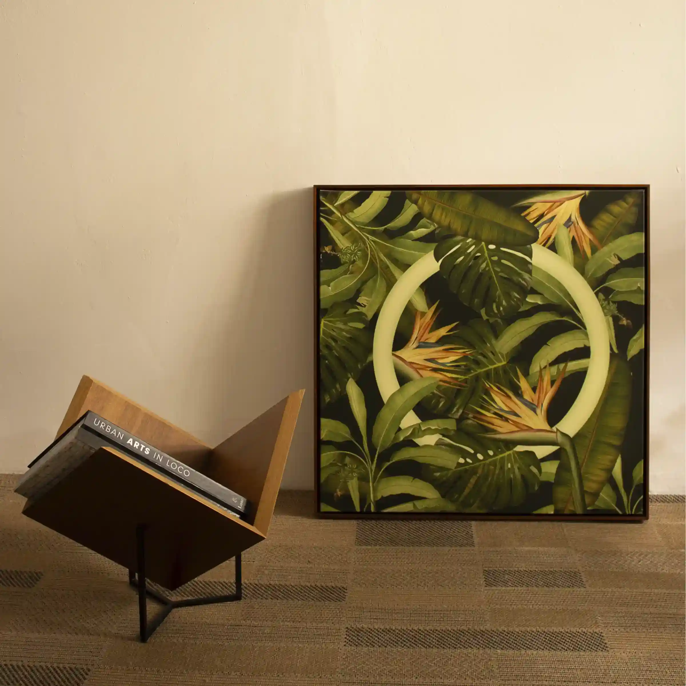 Quadro tela em canvas - CIRCLEIN THE LEAVES - 67,5x67,5 - Moldura Canaleta Alta Madeira Escura