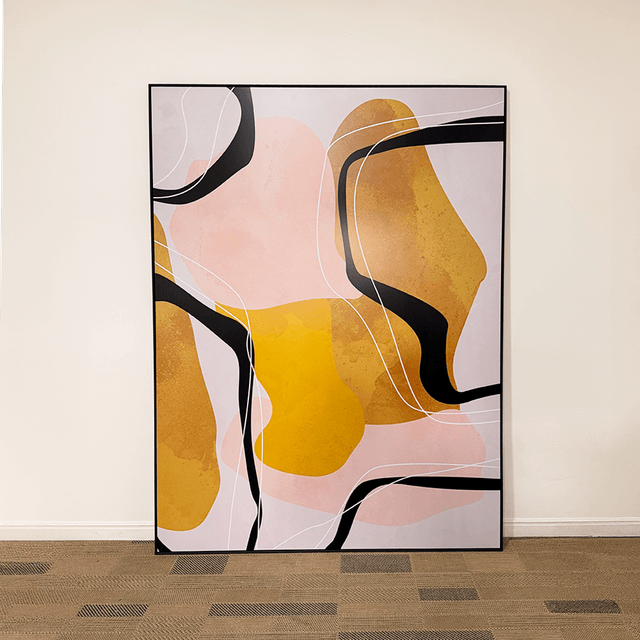 Quadro em acabamento liso sem vidro 120x160cm - Abstrato rose amarelo preto - Moldura Filete Preta