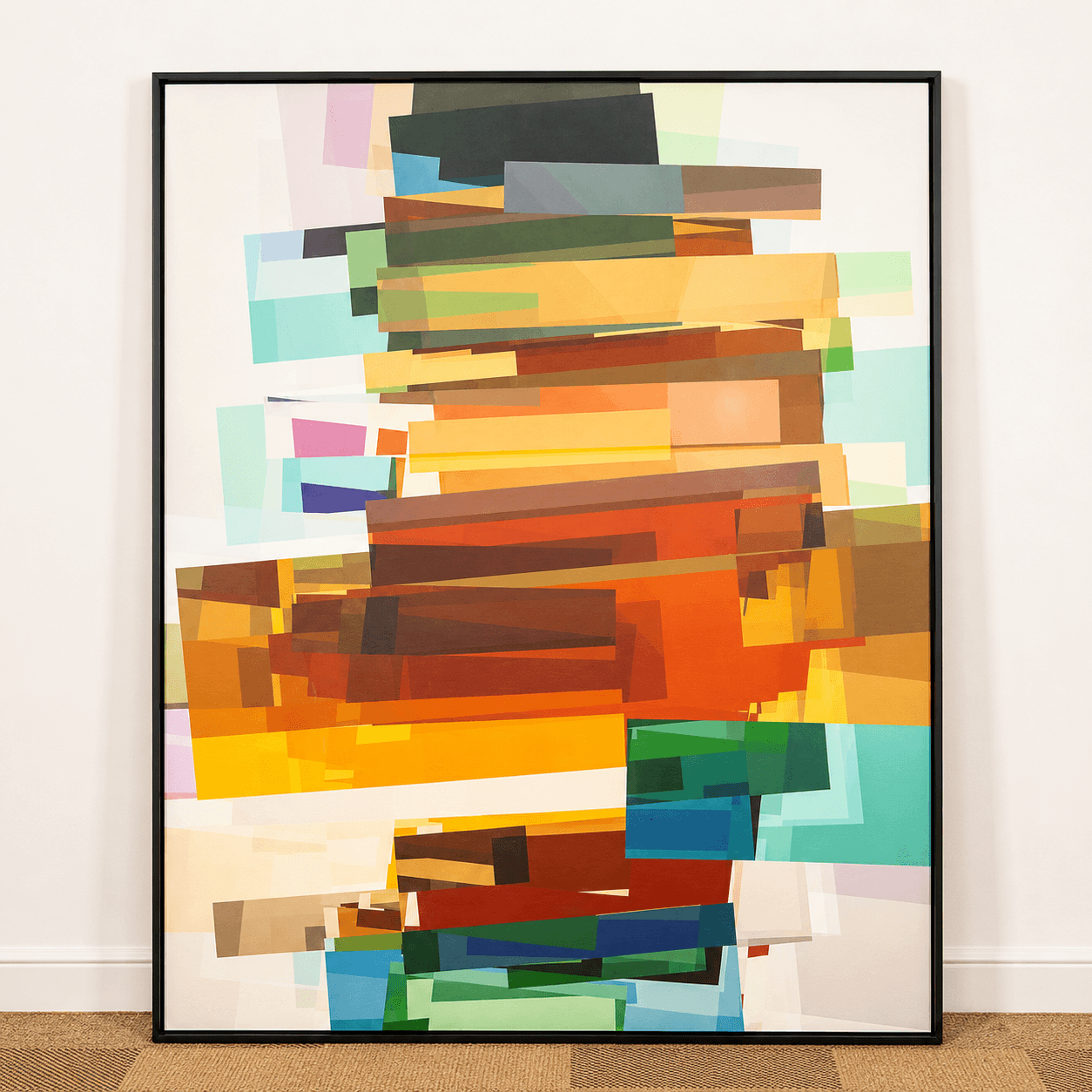 Quadro tela em canvas - PEÇAS SOBREPOSTAS E TRANSPARENTES - 90x120cm - Moldura Canaleta Alta Preta