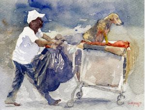 AQUARELA DE CACHORRO E CATADOR