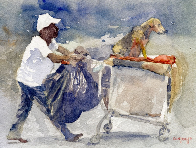 AQUARELA DE CACHORRO E CATADOR