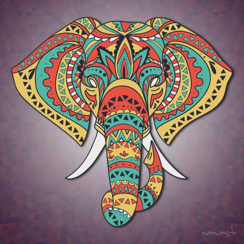 ELEFANTE INDIANO LARANJA COM AZUL E AMARELO