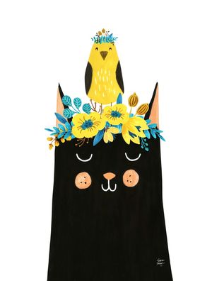 GATO E PÁSSAROS COM COROAS DE FLORES