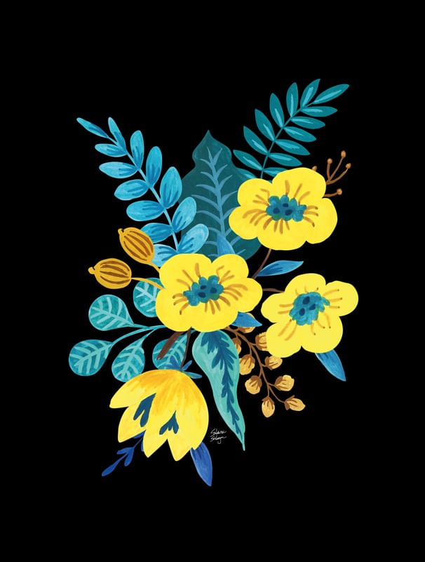 BUQUÊ FLORAL AMARELO E AZUL