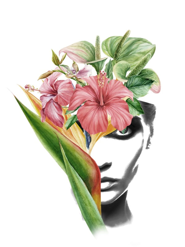 RED HIBISCUS LADY COLLAGE