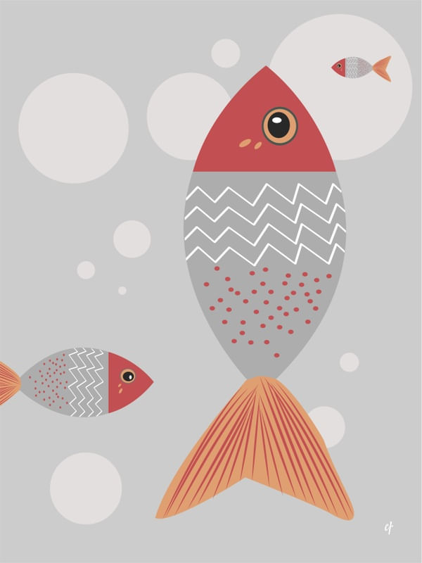 PEIXES NO MAR CINZENTO