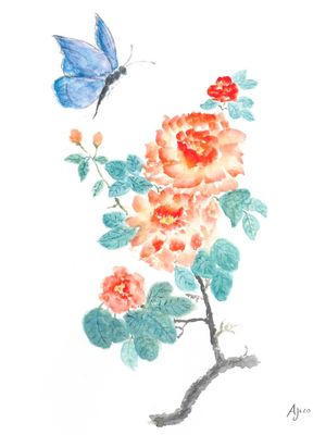 ROSAS E BORBOLETA AZUL